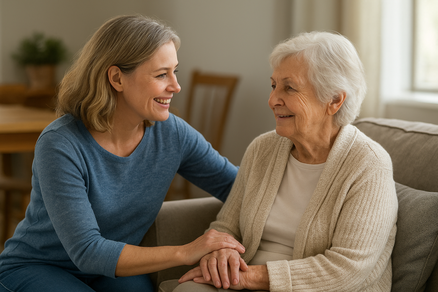 A middle-aged woman with shoulder-length blonde hair smiling and holding the hand of an elderly woman with short white hair, who is sitting on a couch inside a cozy living room with sunlight coming through the window.