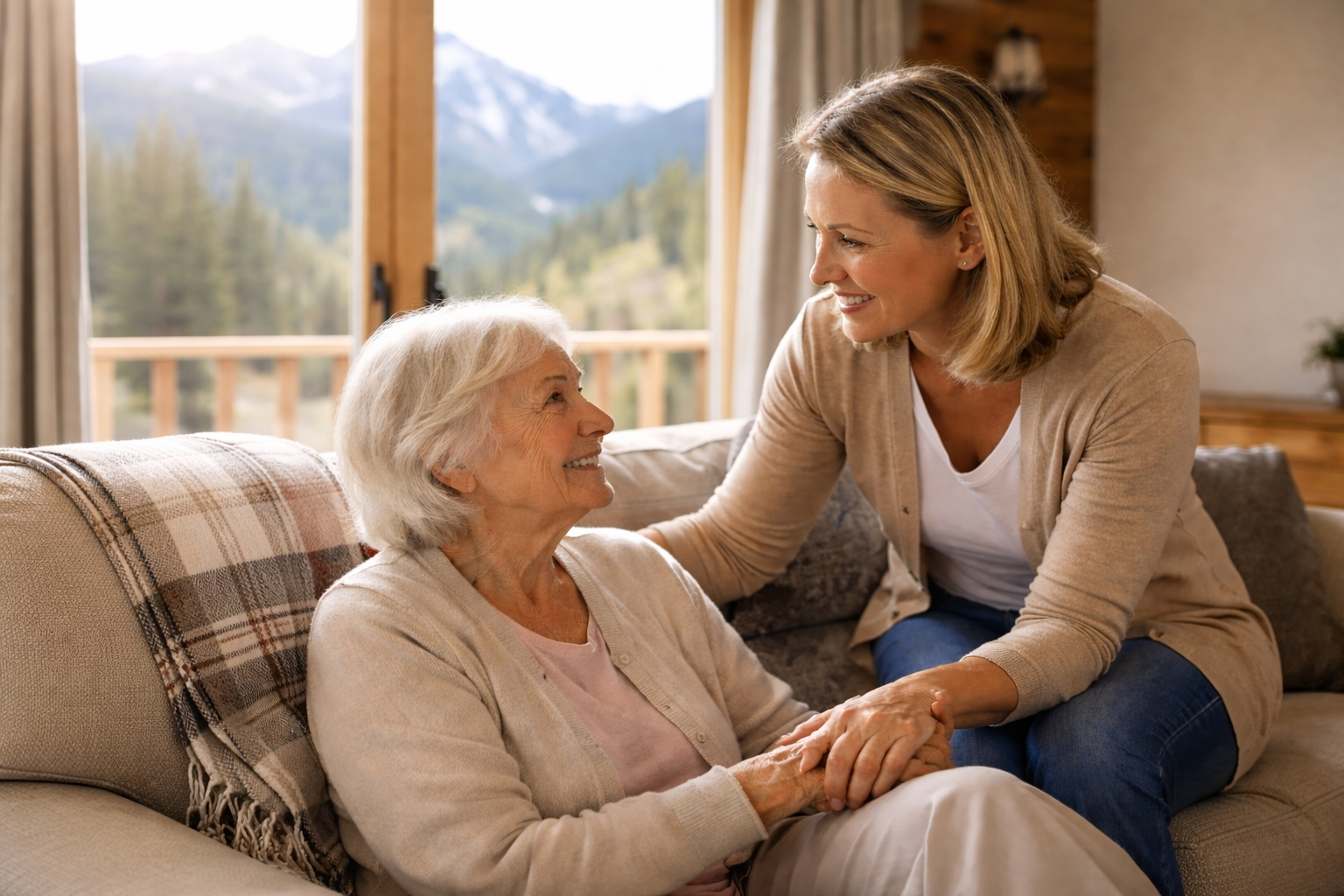 A compassionate home caregiver sitting beside an elderly woman with dementia on a couch in a cozy mountain home, holding her hands and smiling, with large windows overlooking the mountains of the Roaring Fork Valley near Aspen.