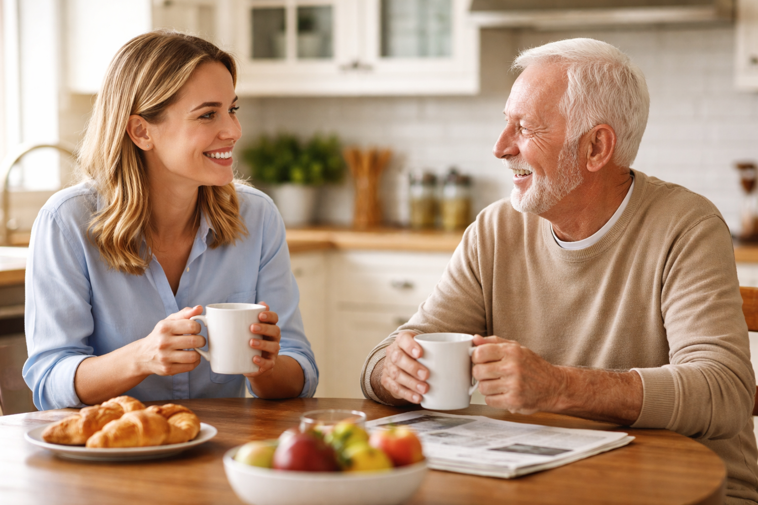 Caregiver sharing coffee with a senior man at a kitchen table