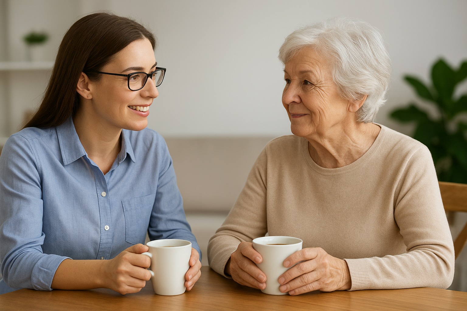 Home Care caregiver sits and talks with a senior in the Roaring Fork Valley.