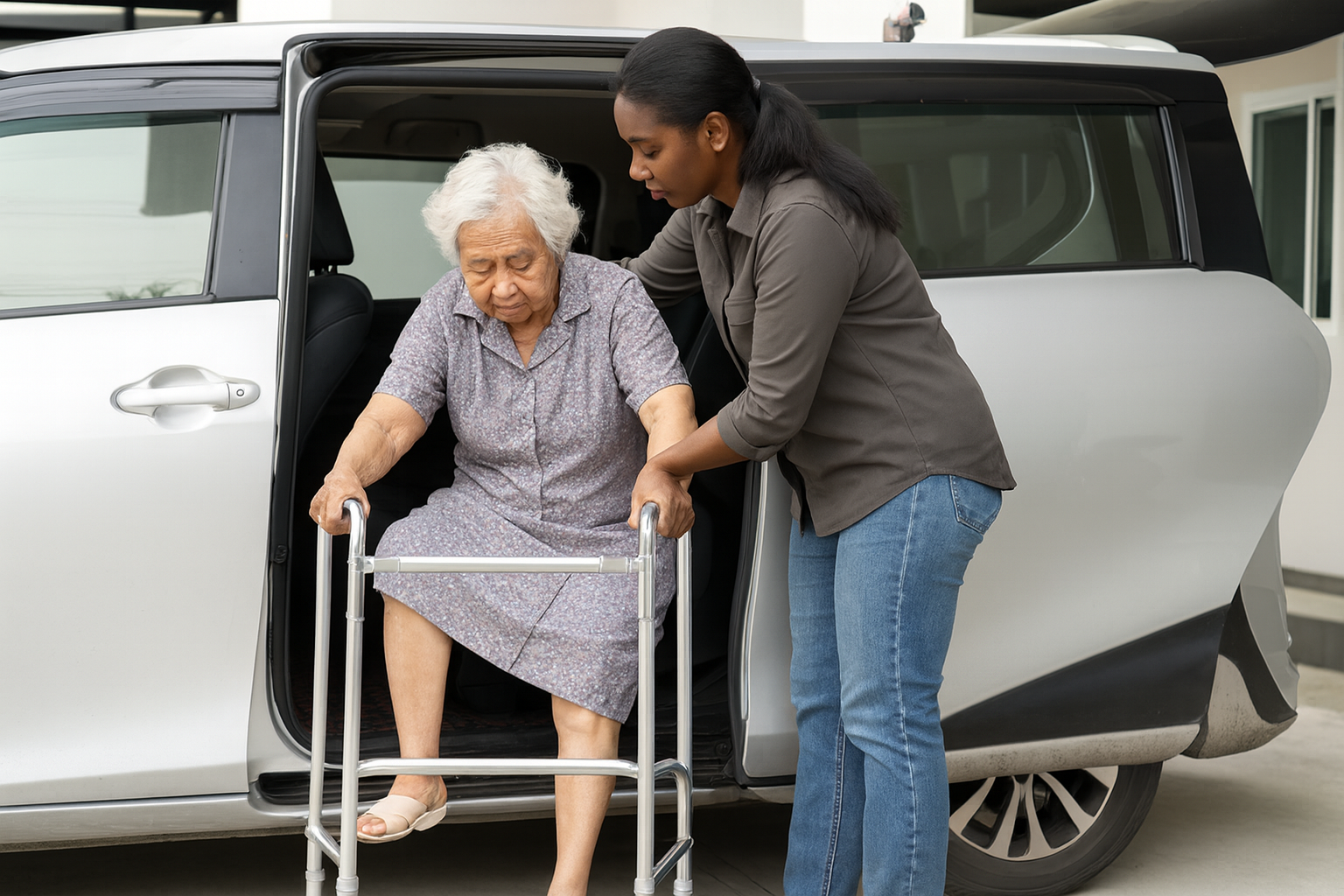 A home health caregiver helping a woman out of a car to attend her doctor's appointment at Aspen Valley Health in the Roaring Fork Valley.