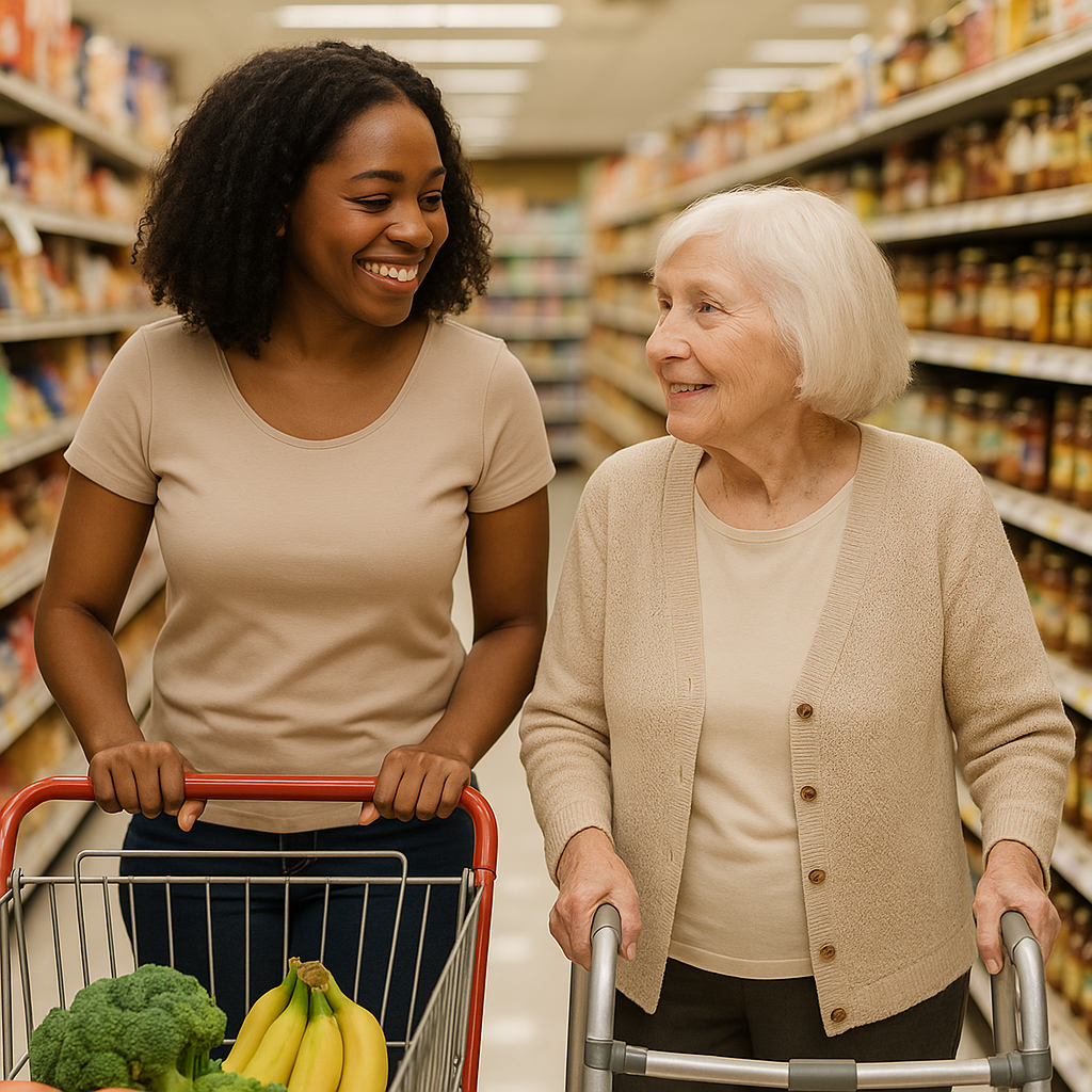 A caregiver and an Aspen senior shopping for healthy food together in a Roaring Fork grocery store.