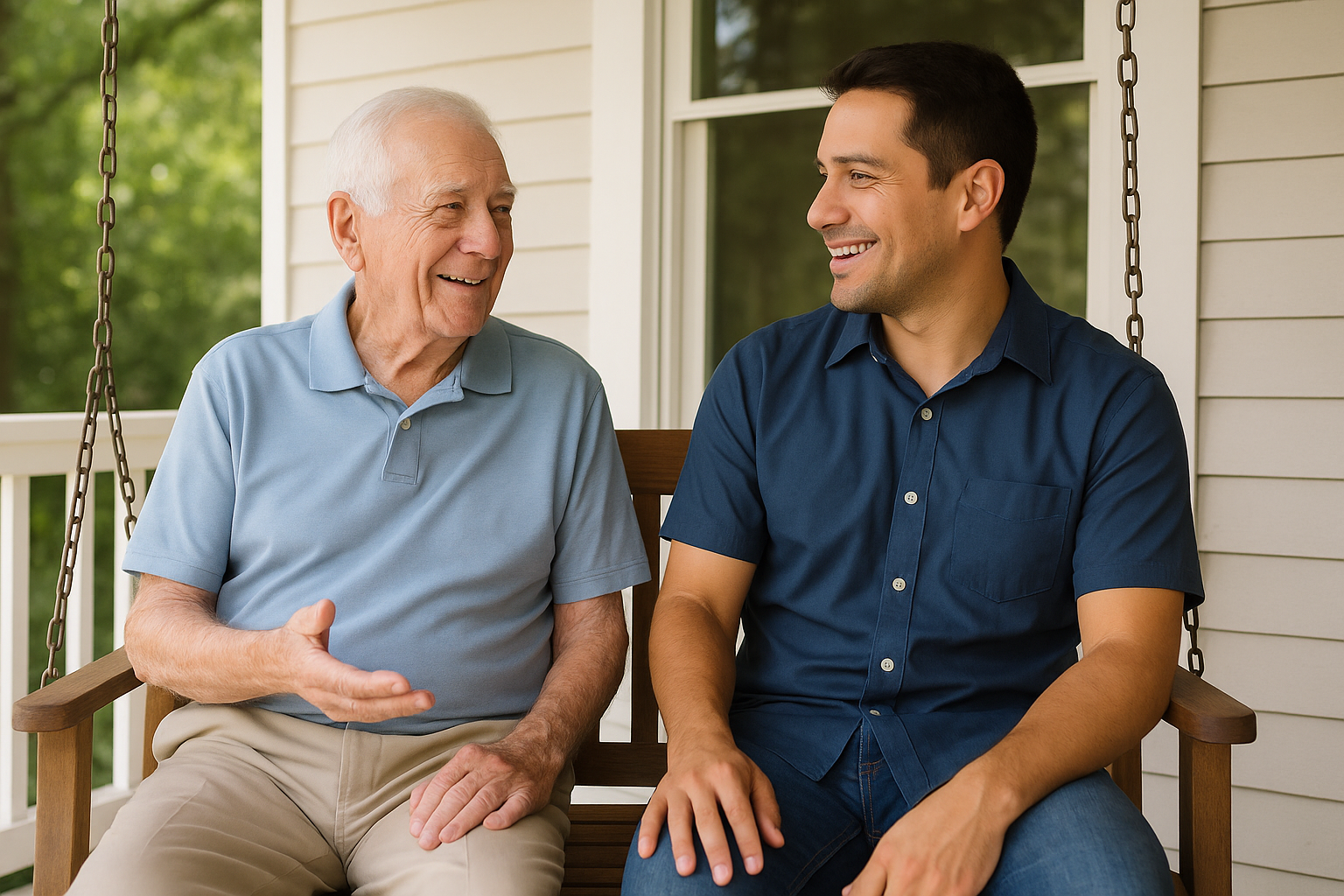 An Aspen senior and a home health caregiver sit on a porch swing in the Roaring Fork Valley and have a pleasant conversation.