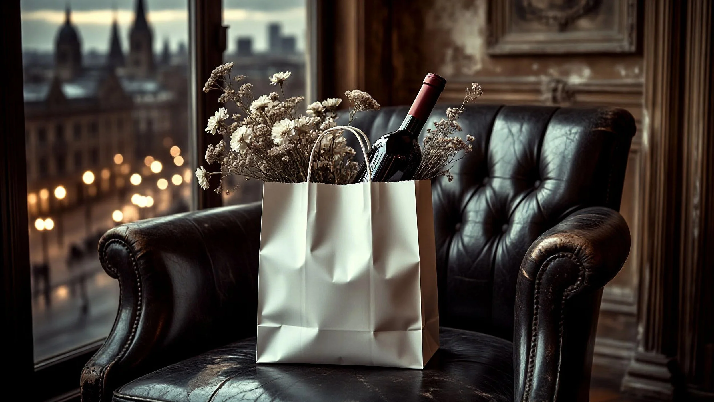 A white paper shopping bag with flowers and a bottle of wine inside, placed on a dark leather armchair next to a window with a cityscape view at dusk.