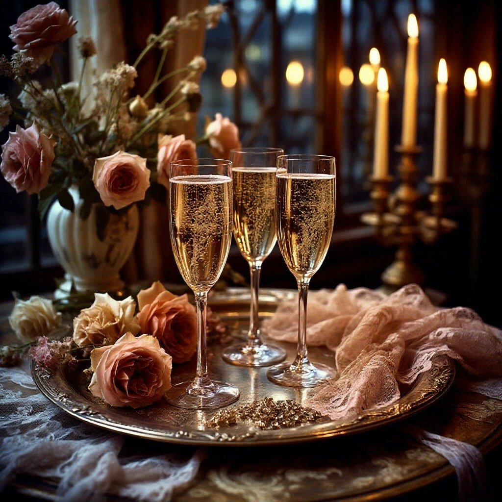 Three glasses of champagne on a silver tray surrounded by pink roses and lace, with lit candles in the background creating a romantic ambiance.