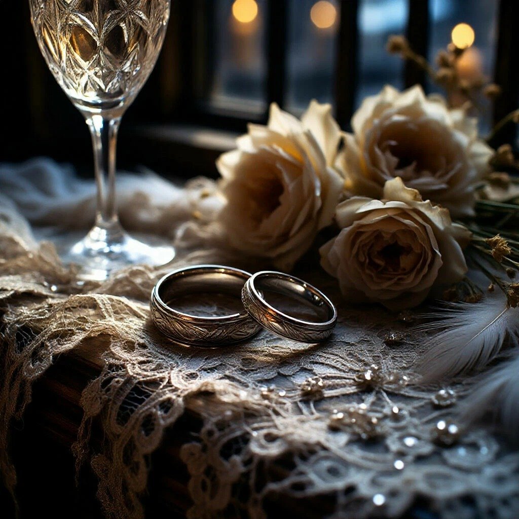 Two wedding rings placed on lace fabric with white roses, a cut crystal wine glass, and a feather, illuminated by warm light from a nearby window.