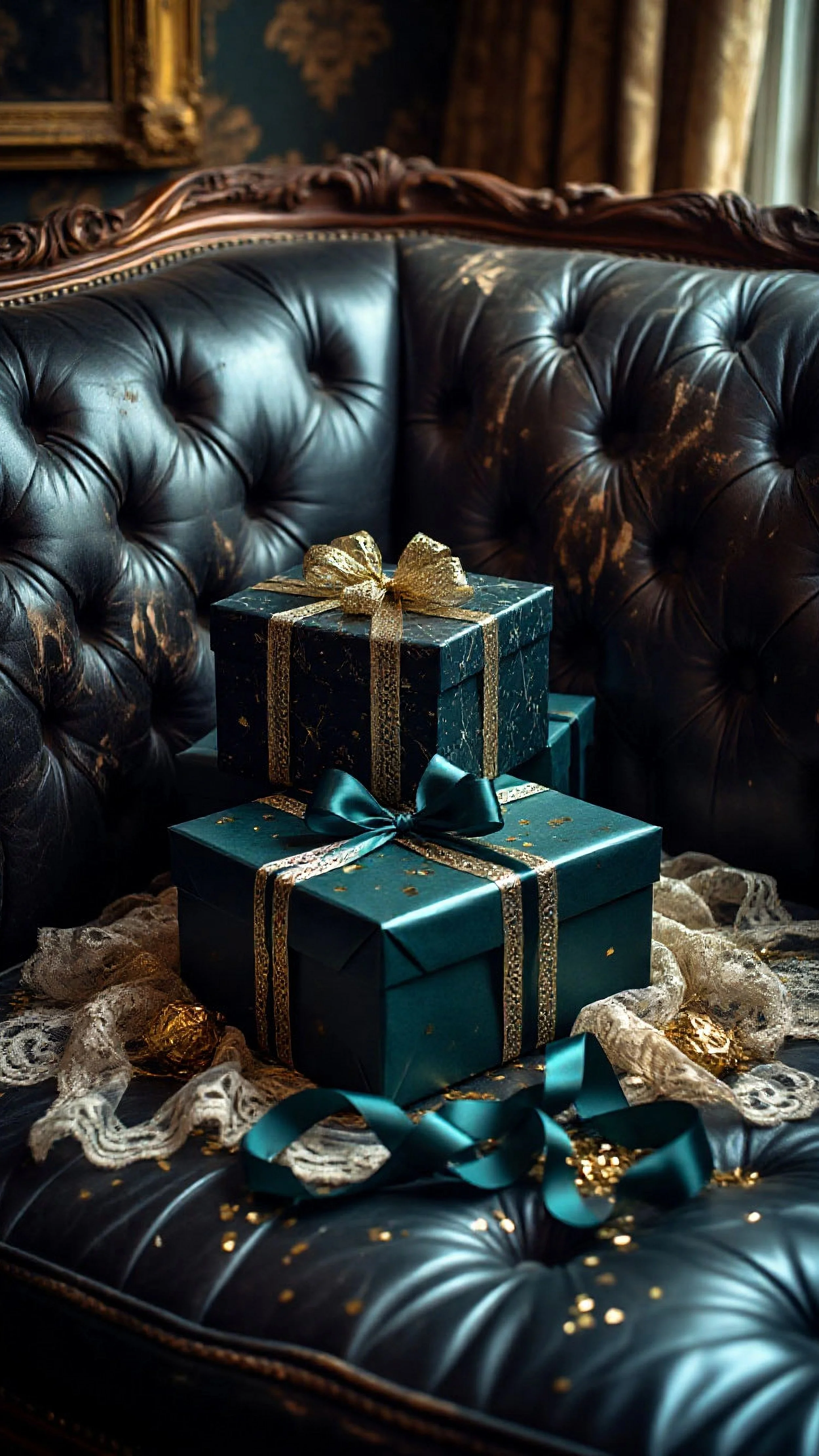 Two blue gift boxes with gold and blue ribbons placed on a vintage black leather sofa with a lace cloth and gold confetti around.