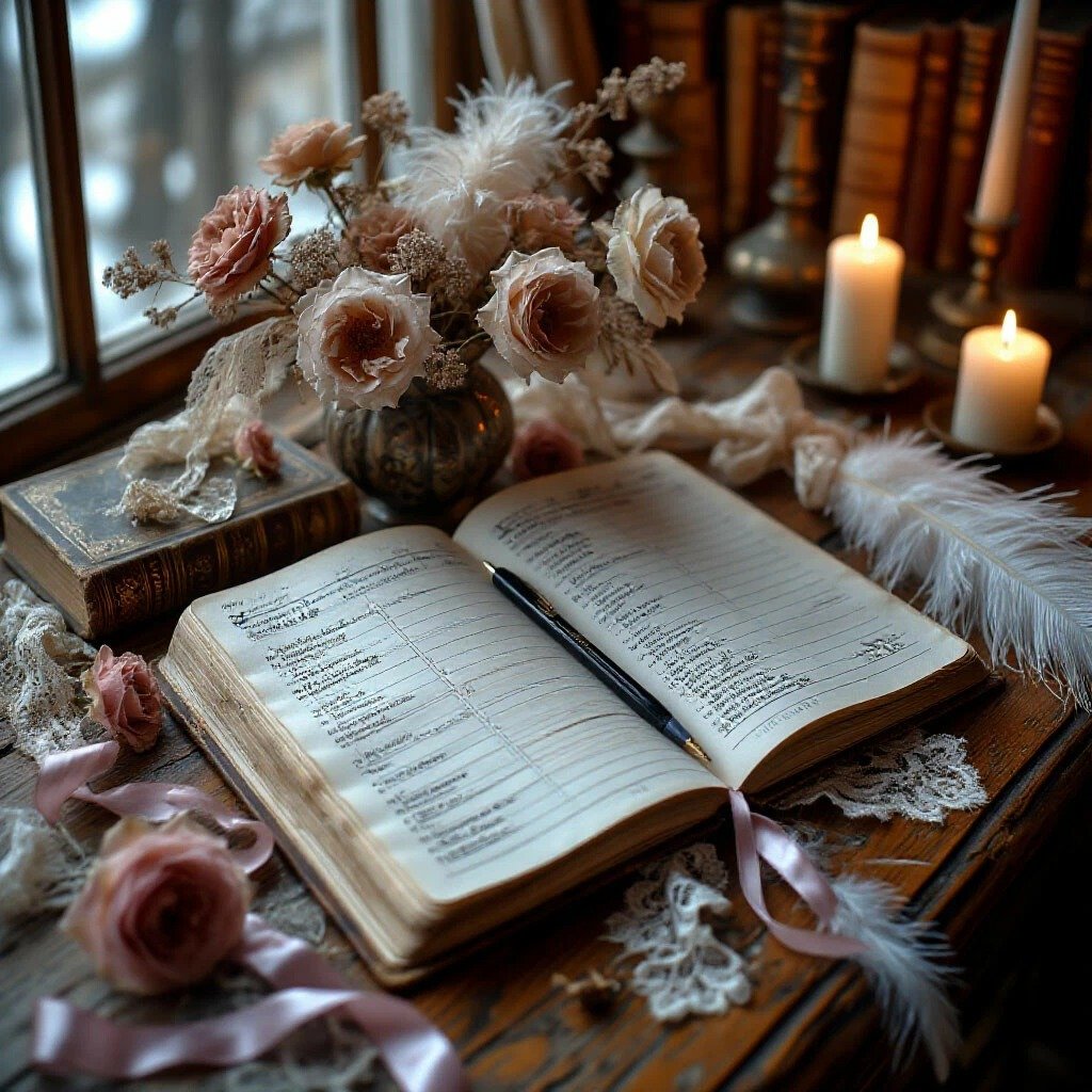 An open large journal or ledger on a wooden table, surrounded by pink roses, lace, a feather, and a pen. In the background, there are lit candles and a stack of antique books near a window, creating a cozy, vintage atmosphere.