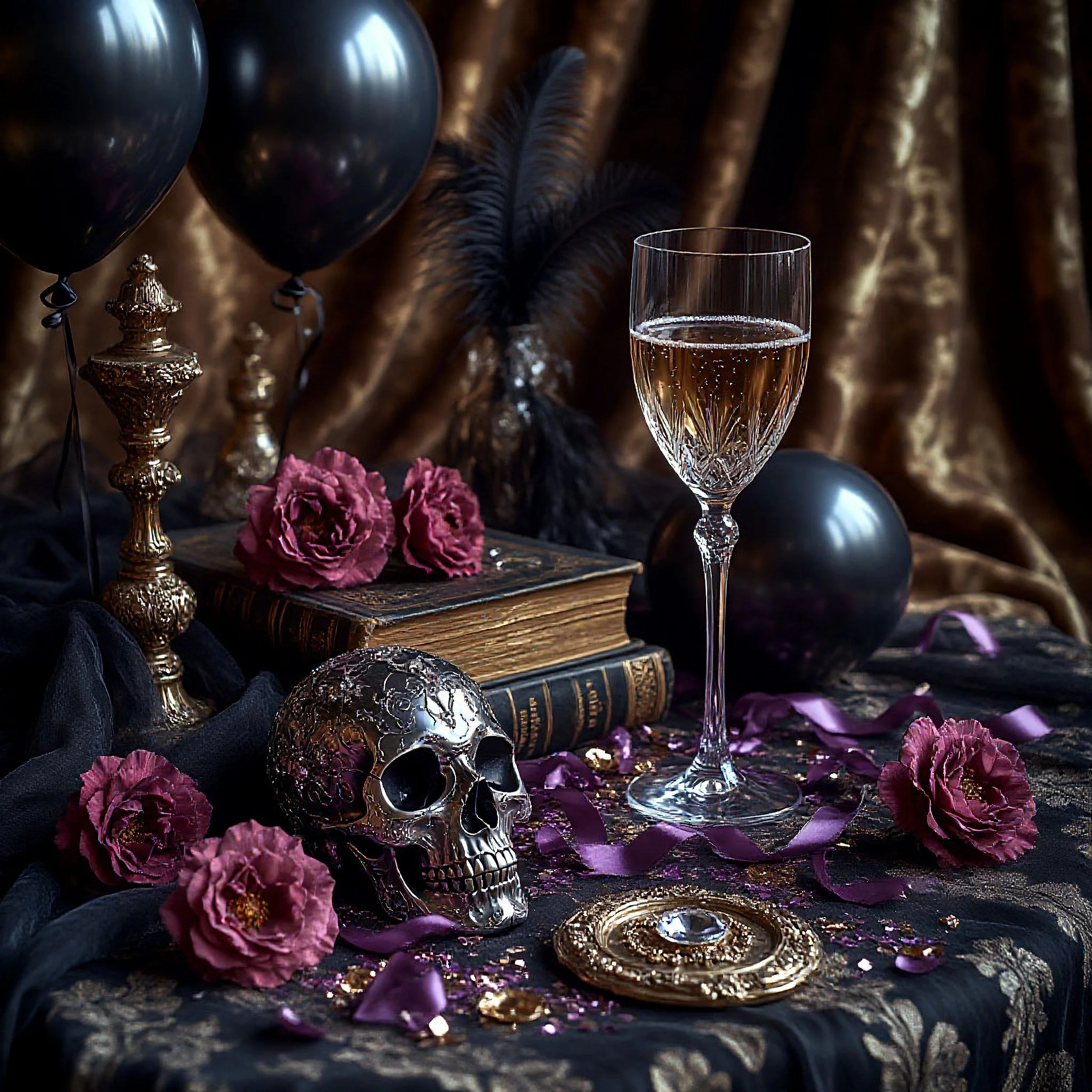 A gothic-themed still life with a skull, books, black balloons, a glass of champagne, pink roses, gold candlesticks, a feather, and scattered purple ribbon and glitter on a dark ornate fabric background.