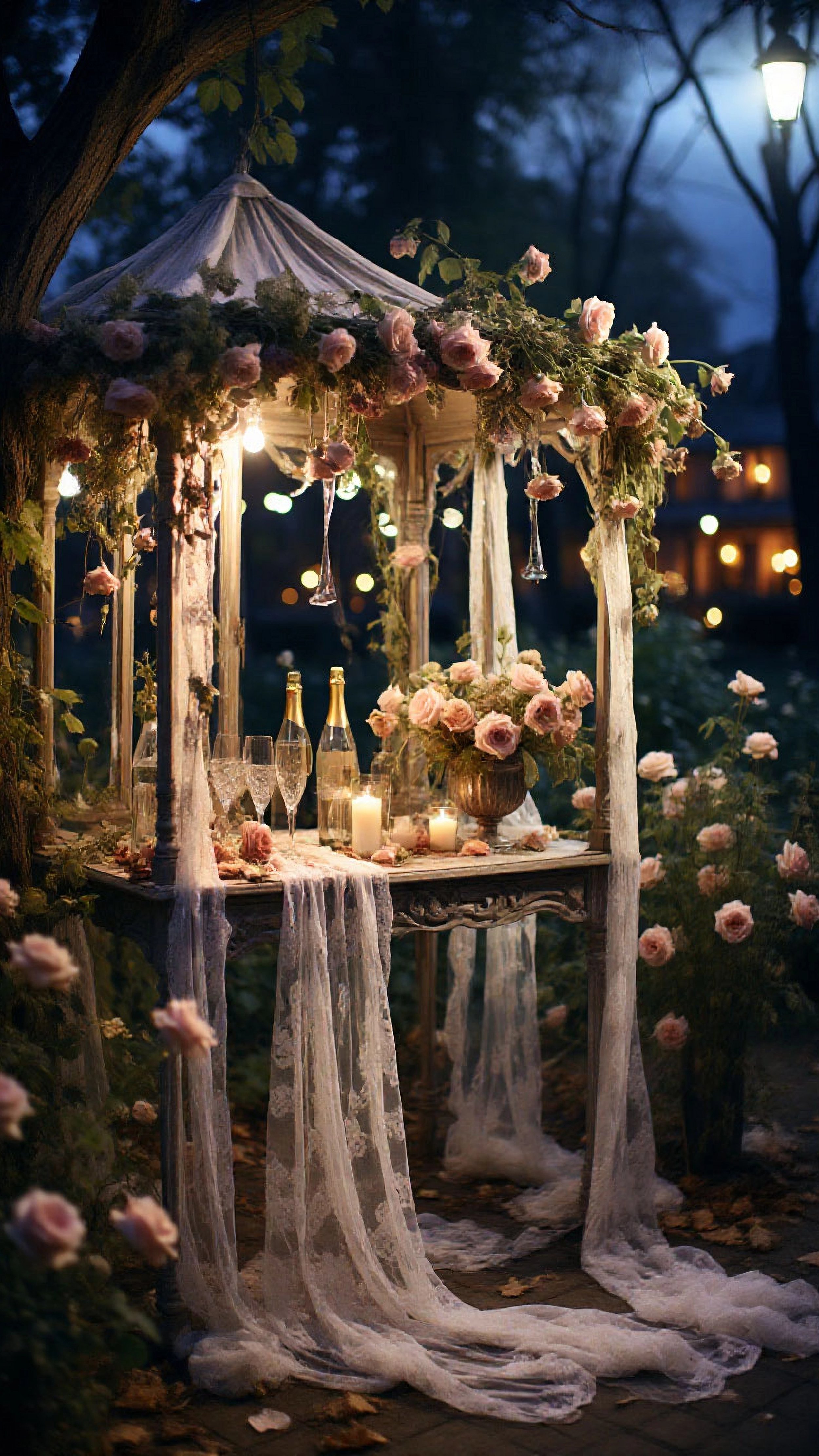 A romantic evening outdoor scene with a vintage style table decorated with pink roses, candles, and champagne bottles, under a floral canopy with lace drapes, surrounded by blooming pink roses, illuminated softly by lanterns at dusk.
