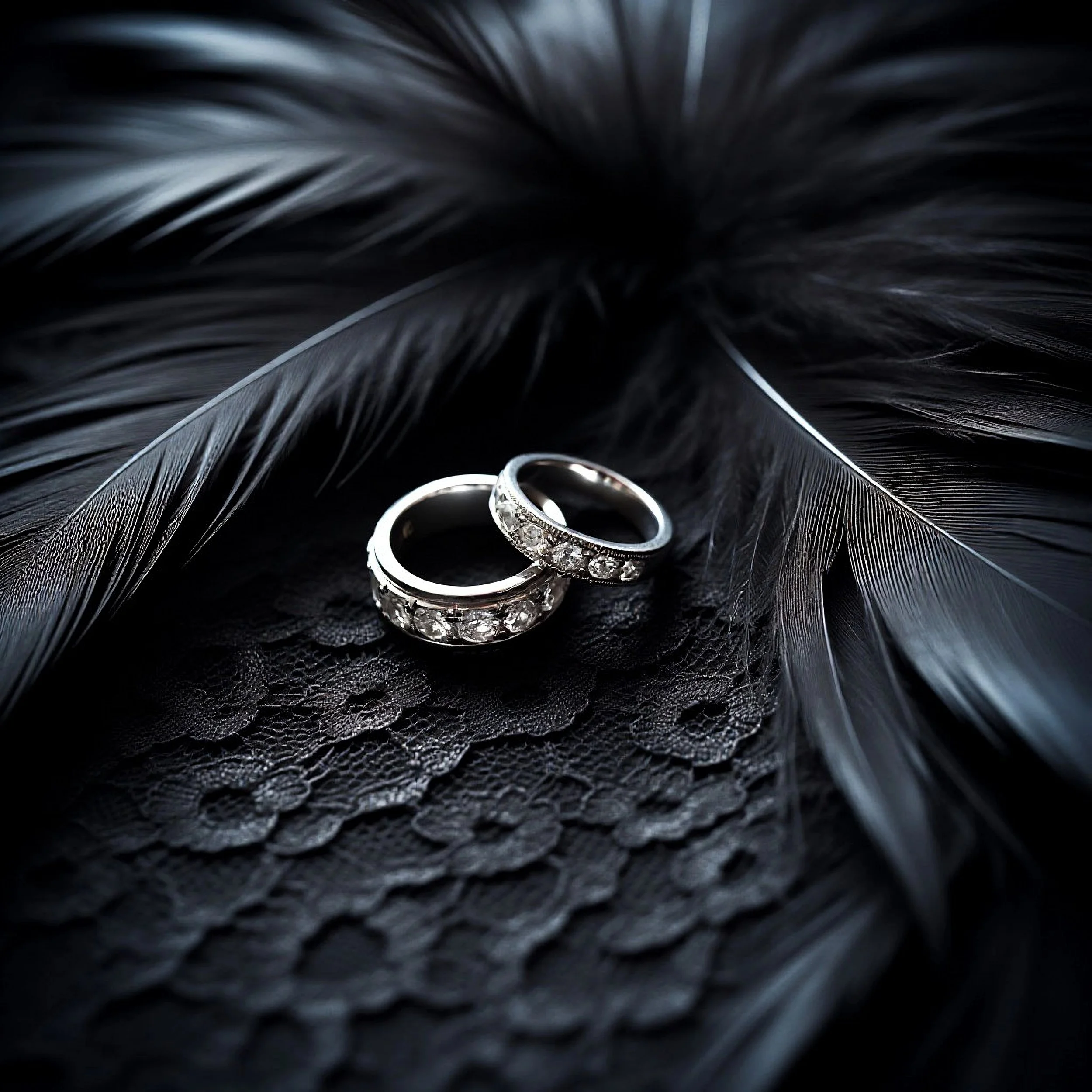 Two silver rings with embedded gemstones resting on black lace and surrounded by black feathers.