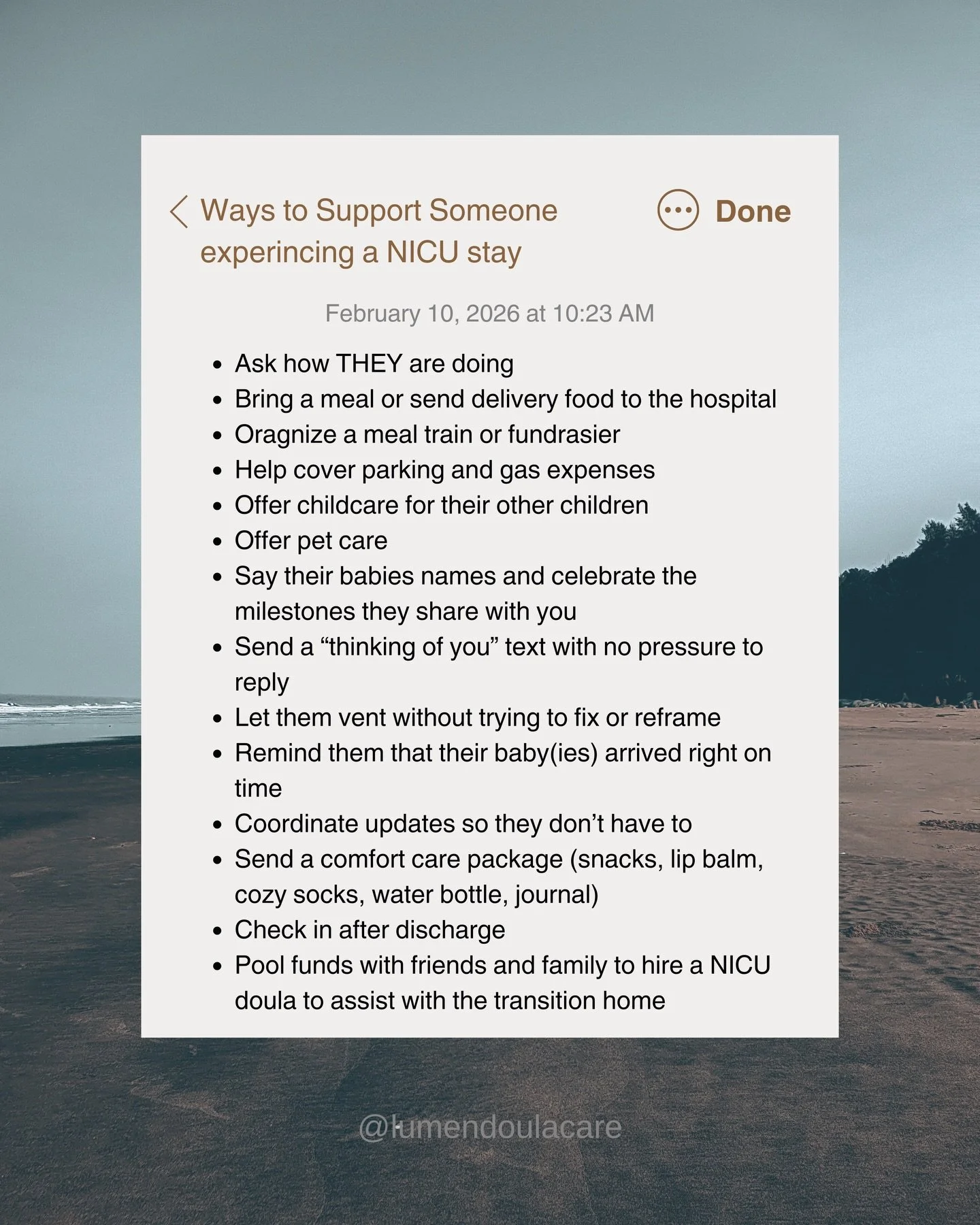 Not sure how to support someone with a baby(ies) in the NICU?

Skip the silver linings.
Don&rsquo;t wait for them to ask.
Offer specific, practical help.
Send food, cover parking, check in (even without response), keep showing up.

Small, consistent 