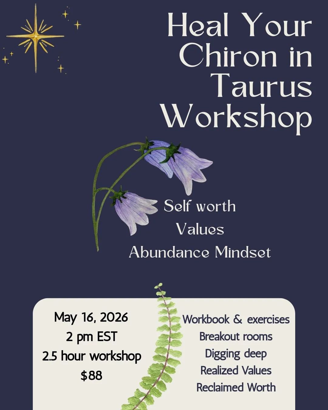 Join us for this powerful workshop of healing Chiron in Taurus. 

Before we enter this placement on June 19, 2026, let us:

✨Dive into our Taurean energy &amp; strengthen it, ✨Deepen our relationship to our self love,
✨Clarify values
✨Create Life Pil