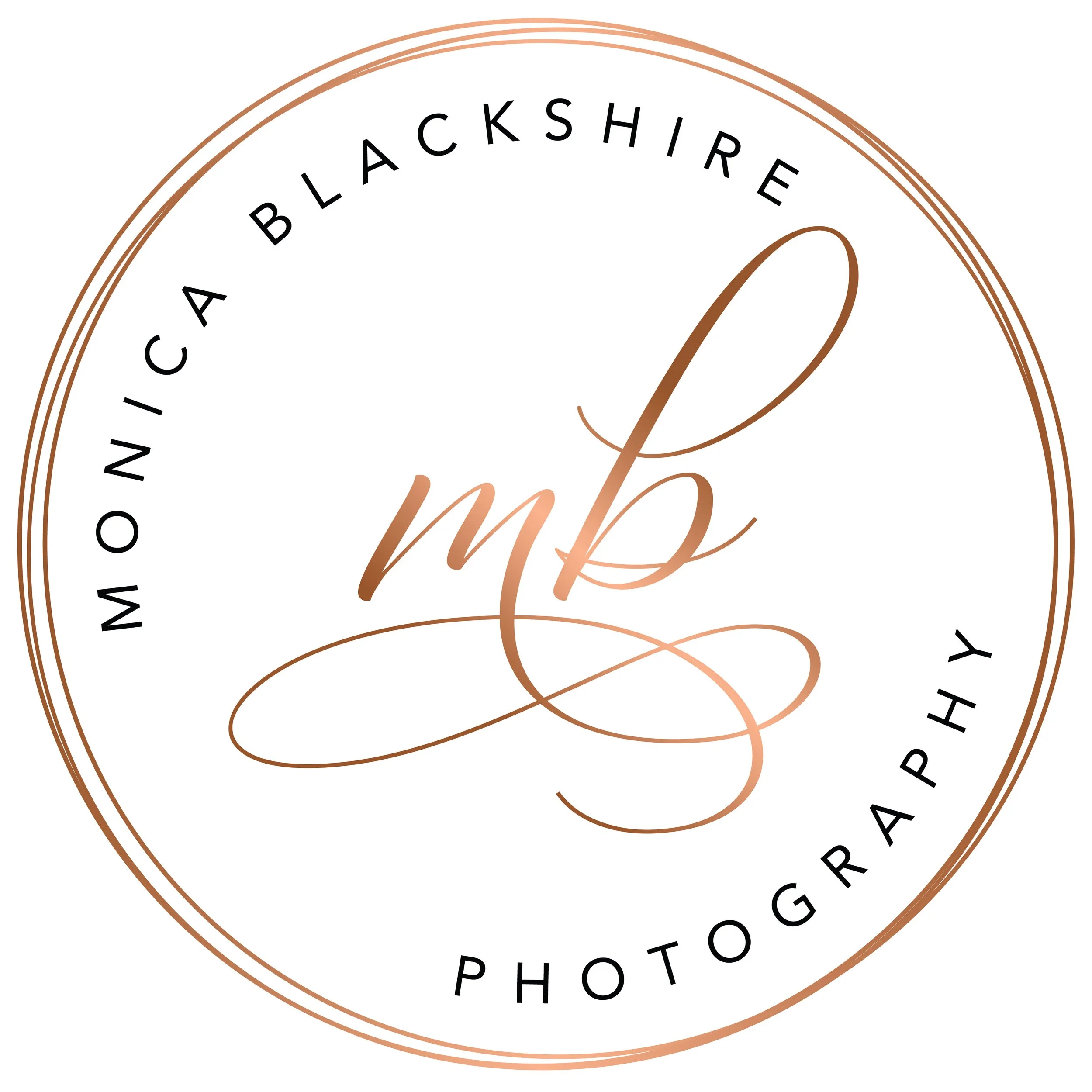 A circular logo with the text 'Monica Blackshire Photography' encircling a stylized, cursive lowercase 'mb' in the center, all in a metallic rose gold color.