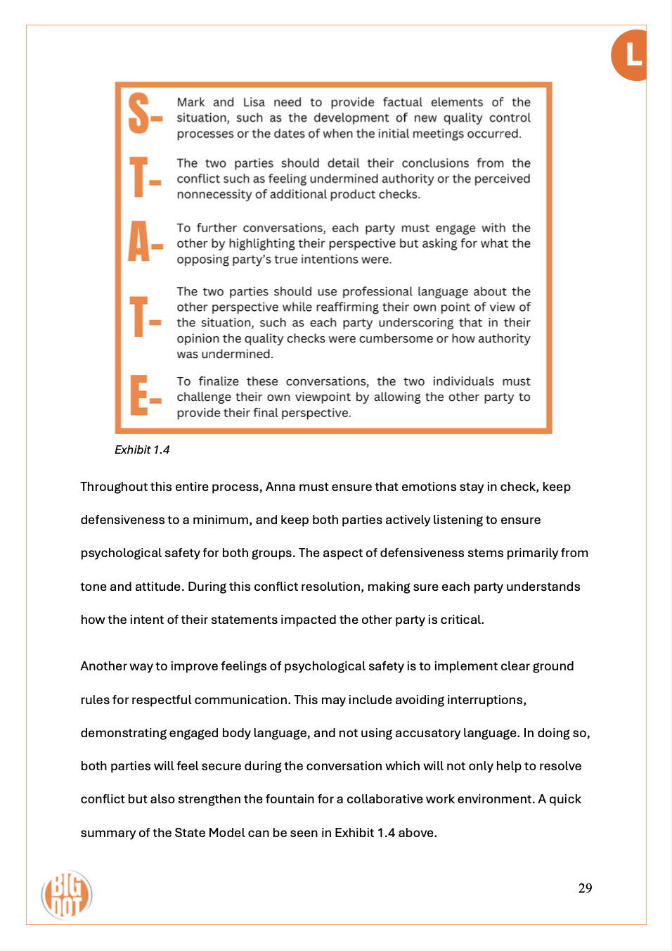 A page from a book or report showing a section titled "STATE" with the letters S, T, A, T, and E highlighted in orange on the left side of the text. The text discusses providing factual elements, detailing conclusions from conflicts, engaging in conv
