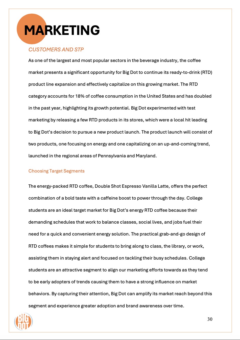 A marketing report discussing coffee RTD products, target segments, and market strategies with a Big Dot logo at the bottom.