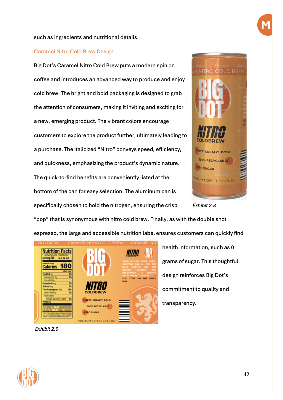 A close-up of an orange can of Big Dot Nitro Cold Brew coffee with the logo, product information, and a barcode. The can is labeled as 100% recyclable and zero sugar.