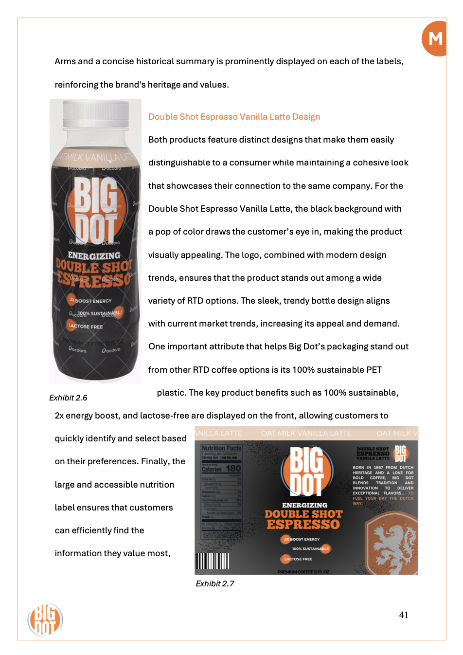 Bottle of Big Dot Energizing Double Shot Espresso Vanilla Latte with black background and orange and white label, featuring the Big Dot logo and product information.