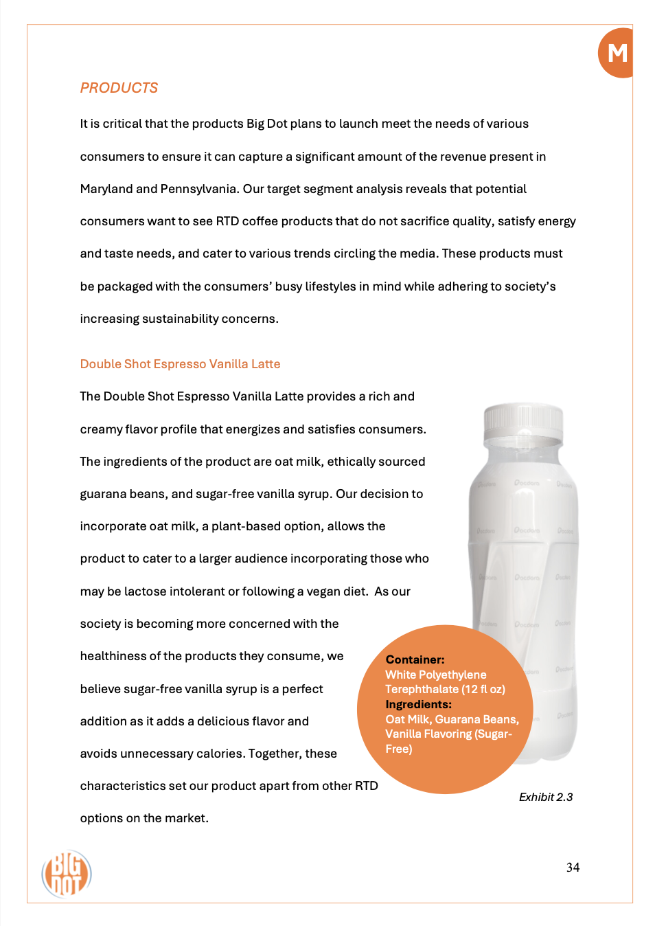 Product information page featuring a white bottle of Double Shot Espresso Vanilla Latte with an orange circle label listing ingredients, including oat milk, guarana beans, and sugar-free vanilla syrup.