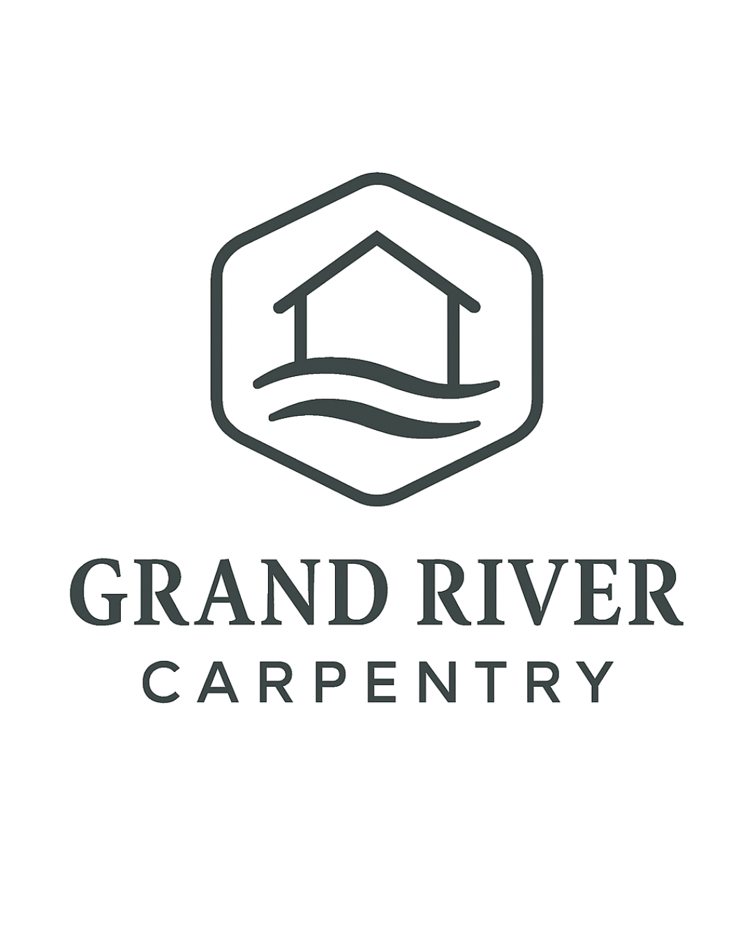 Logo for Grand River Carpentry featuring a house and water waves within a hexagon, with the company name below.