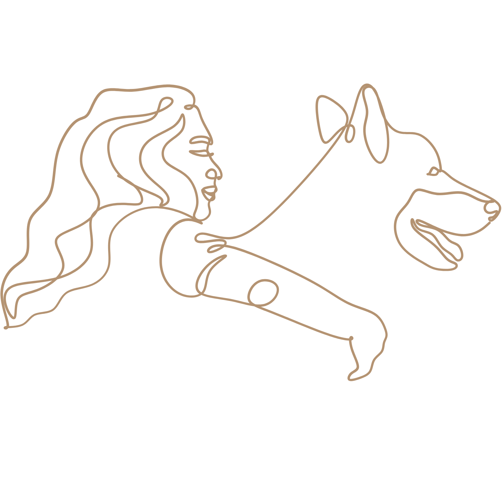 Linienzeichnung einer Frau mit Hund auf schwarzem Hintergrund.