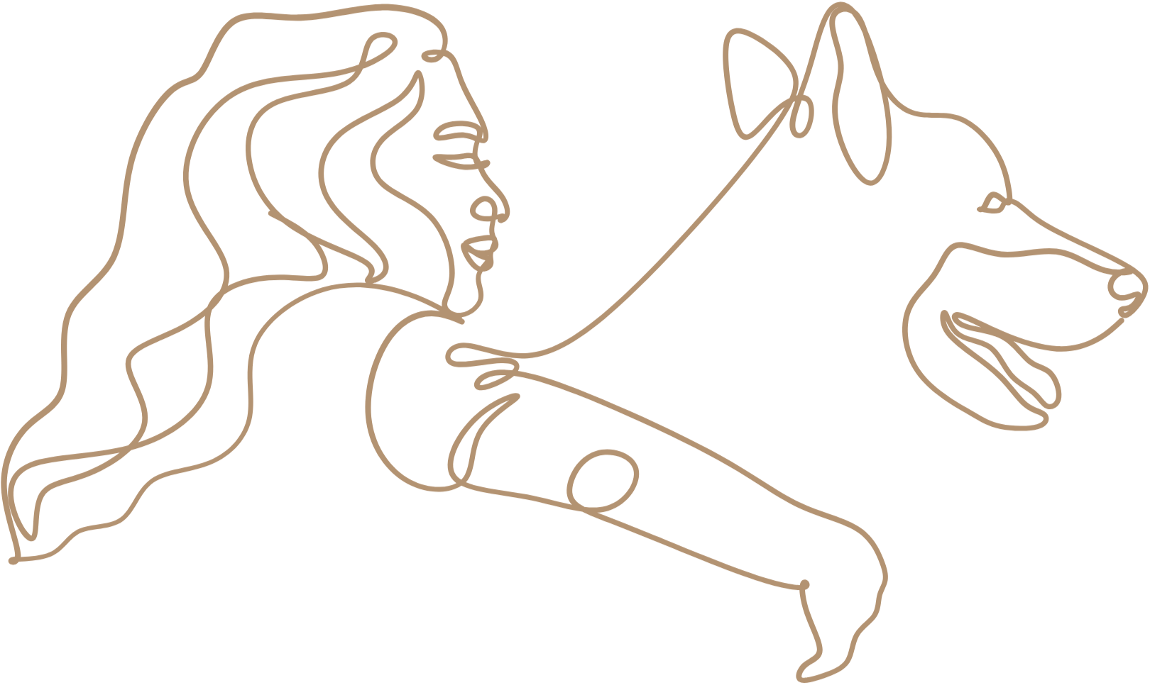 Linienzeichnung eines Mädchens mit langen Haaren, das einen Hund streichelt.