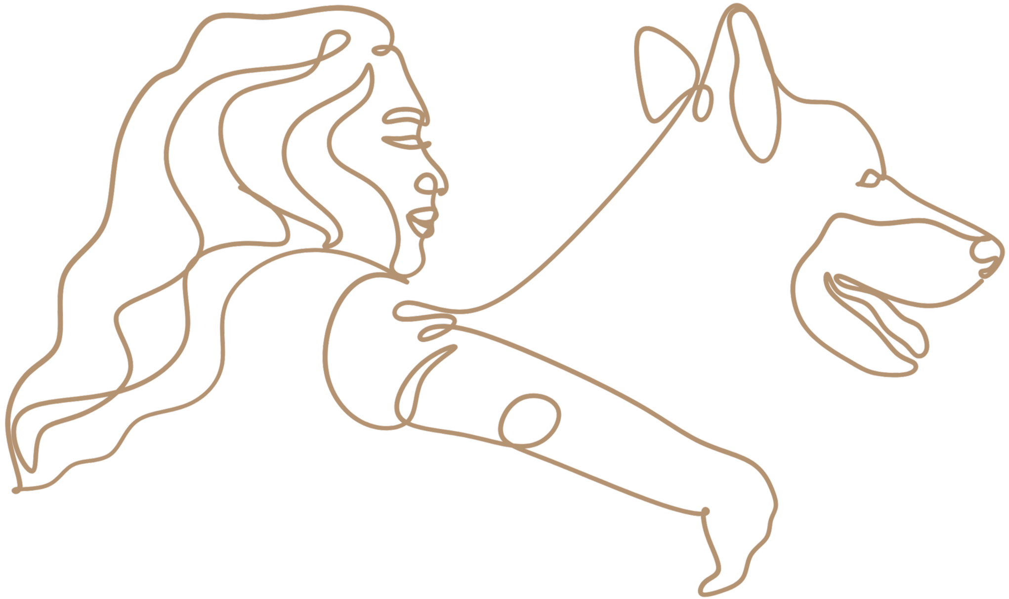 Linienzeichnung einer Frau mit langer, lockiger Haaren, berührt den Kopf eines Hundes.