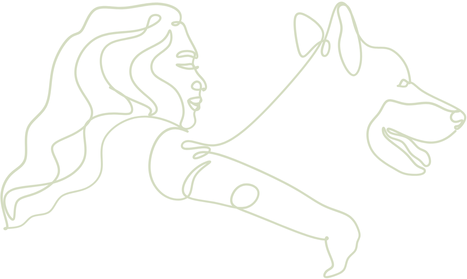 Linienzeichnung einer Frau mit einem Hund, beide nur durch einfache Konturen dargestellt, vor schwarzem Hintergrund.