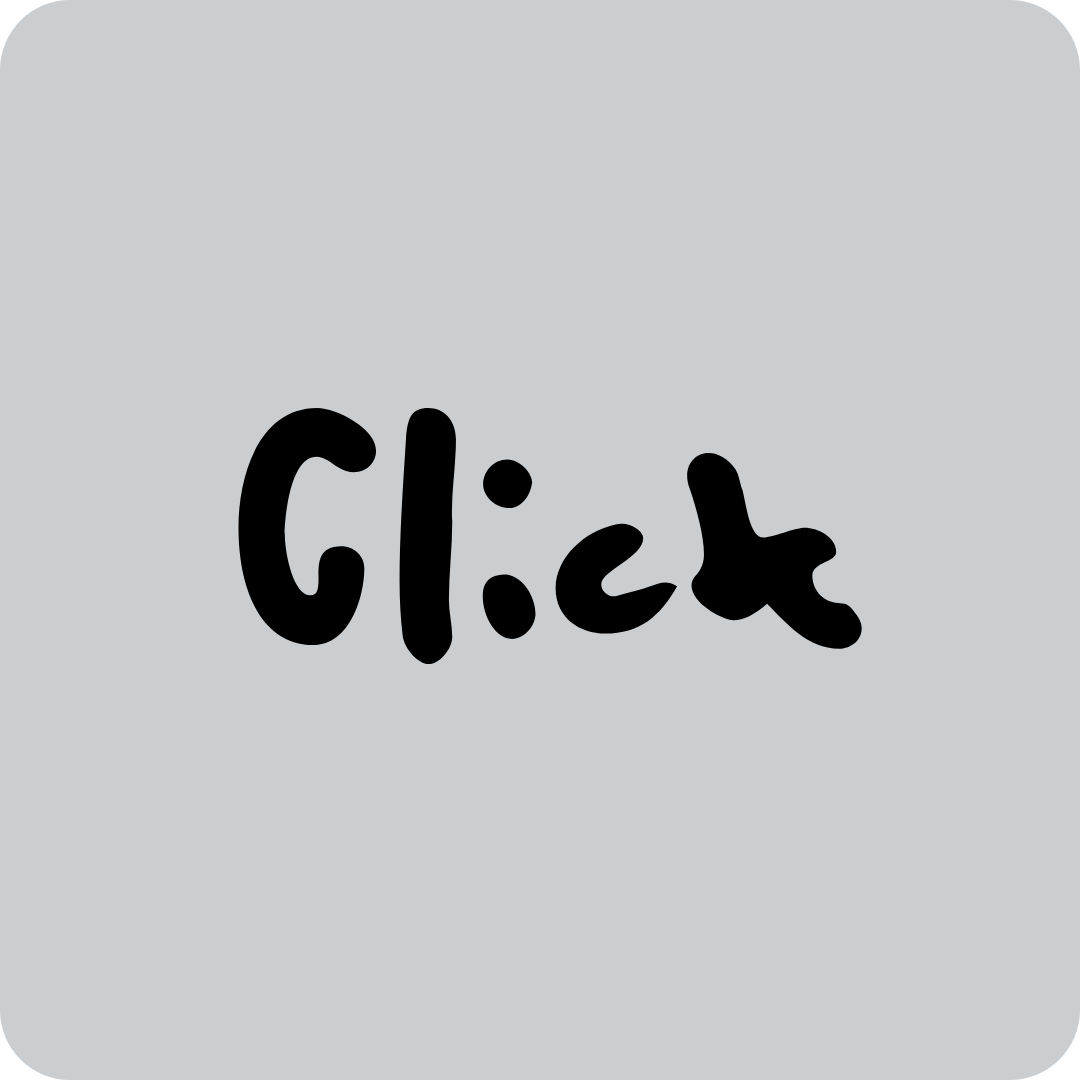 A light gray background with the word 'Click' written in large, black, handwritten-style font in the center.