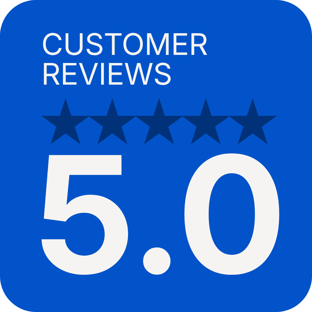 Blue review badge with five-star rating and large white text for customer reviews and a 5.0 rating.