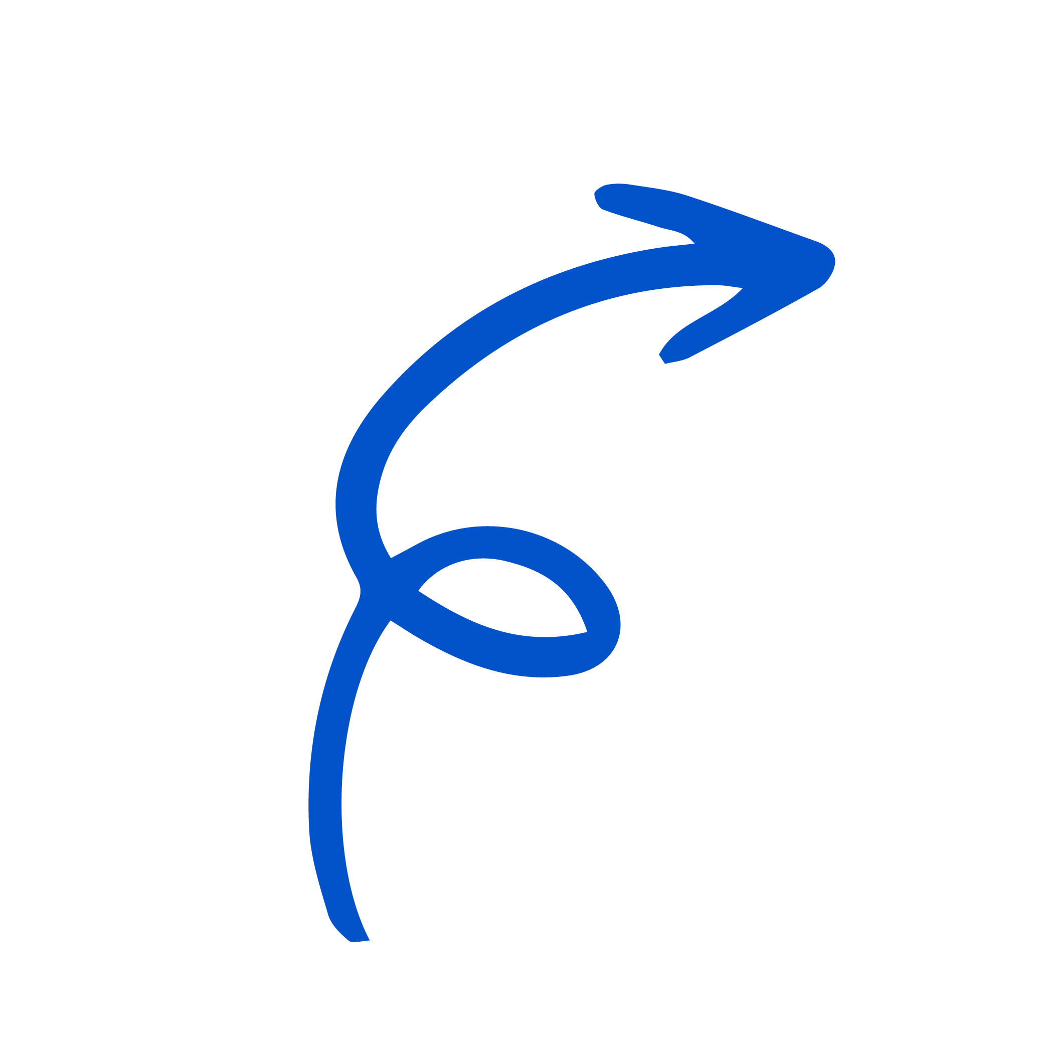 Blue hand-drawn arrow curving upward with a circular loop in the middle.