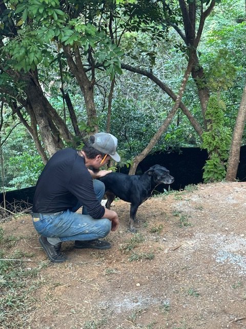 A man crouching down and petting a black dog in a wooded outdoor area with trees and bushes.