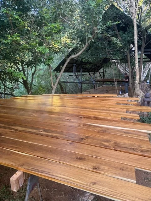 Lumbered wooden planks laid out outdoors in a wooded area, with trees and a structure in the background.