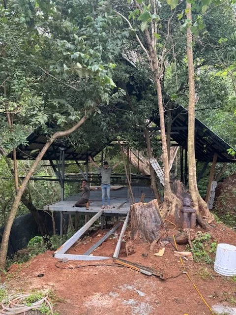 Two people working on a raised wooden platform under a canopy of trees with construction materials and tools around.