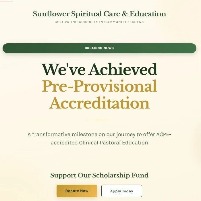 🌻 BREAKING NEWS 🌻

We've achieved Pre-Provisional Accreditation status with the Association for Clinical Pastoral Education (ACPE)!

This means servant leaders across the Gulf South&mdash;those already serving in hospitals, community centers, care 