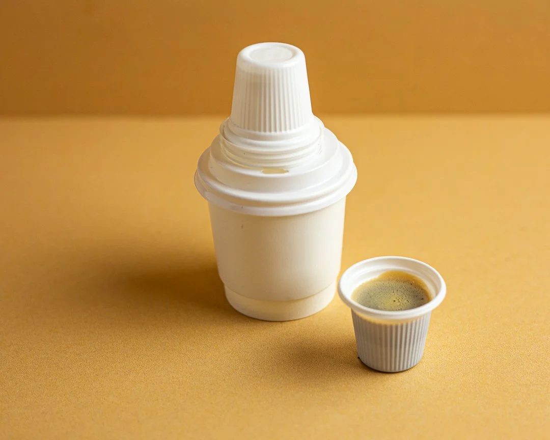 A white, oversized spray foam container with a cap, next to a small cup of black coffee, set on a yellow surface against a matching yellow background.
