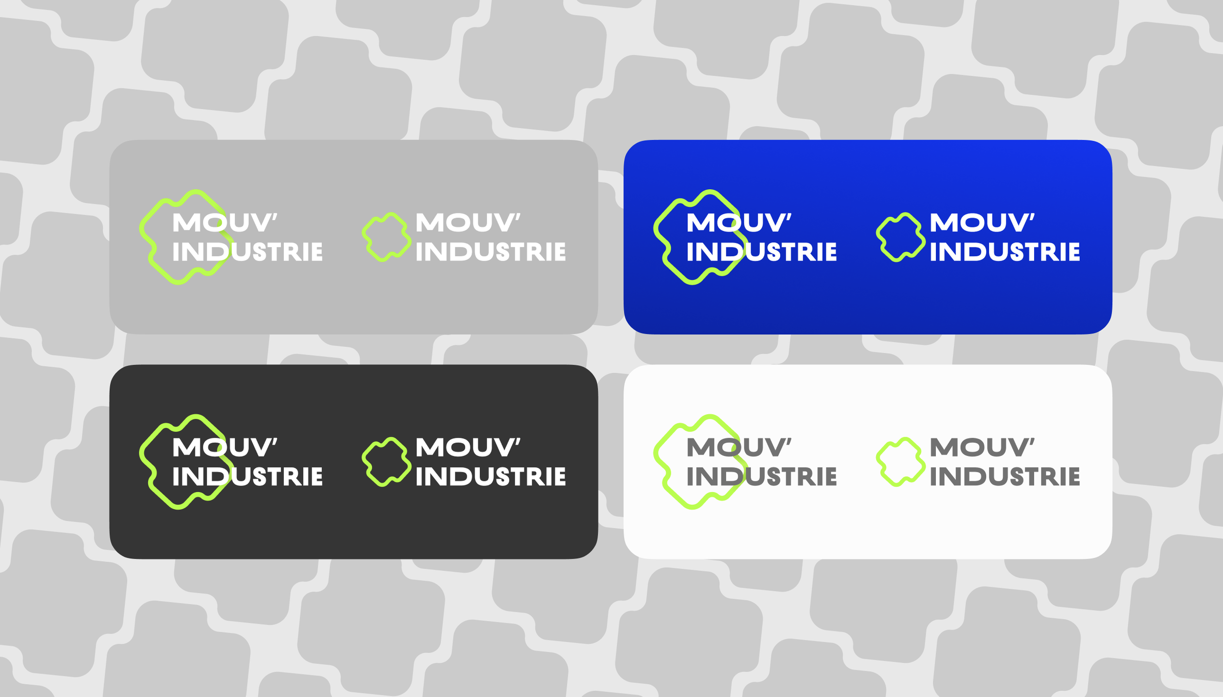 Logos "Mouv' Industrie" sur fond de motifs géométriques, en quatre variations de couleurs : gris, bleu, noir et blanc.
