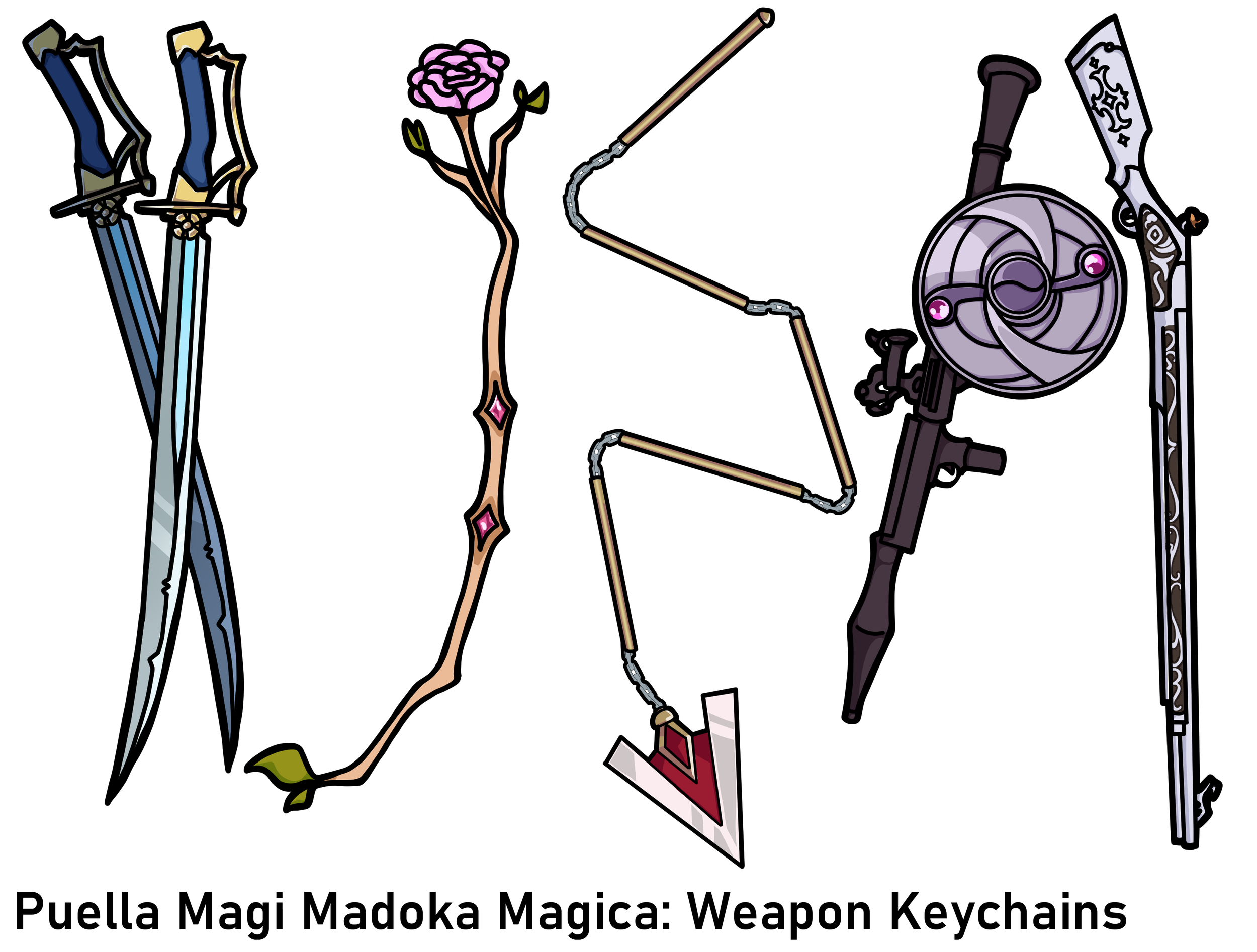 (Puella Magi Madoka Magica Fanart) Magical Weapons Keychains