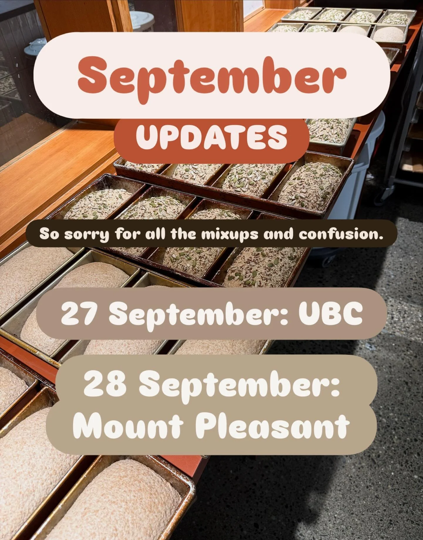 Hello friends,
We are very sorry for all the changes this month. We have TWO ✌🏼 markets this weekend now! We will be at UBC this Saturday, September 27th from 10-2, And Sunday, September 28th, we will be at Dude Chilling Park for the Mount Pleasant 