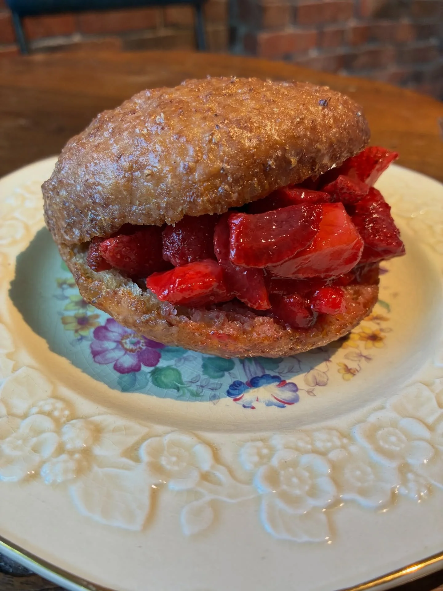 Strawberry donut with @northarmfarm strawberries on special 🍓🍓🍓
