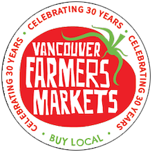 Vancouver Farmers Markets logo with red and green design, celebrating 30 years, featuring a red chili pepper on top.