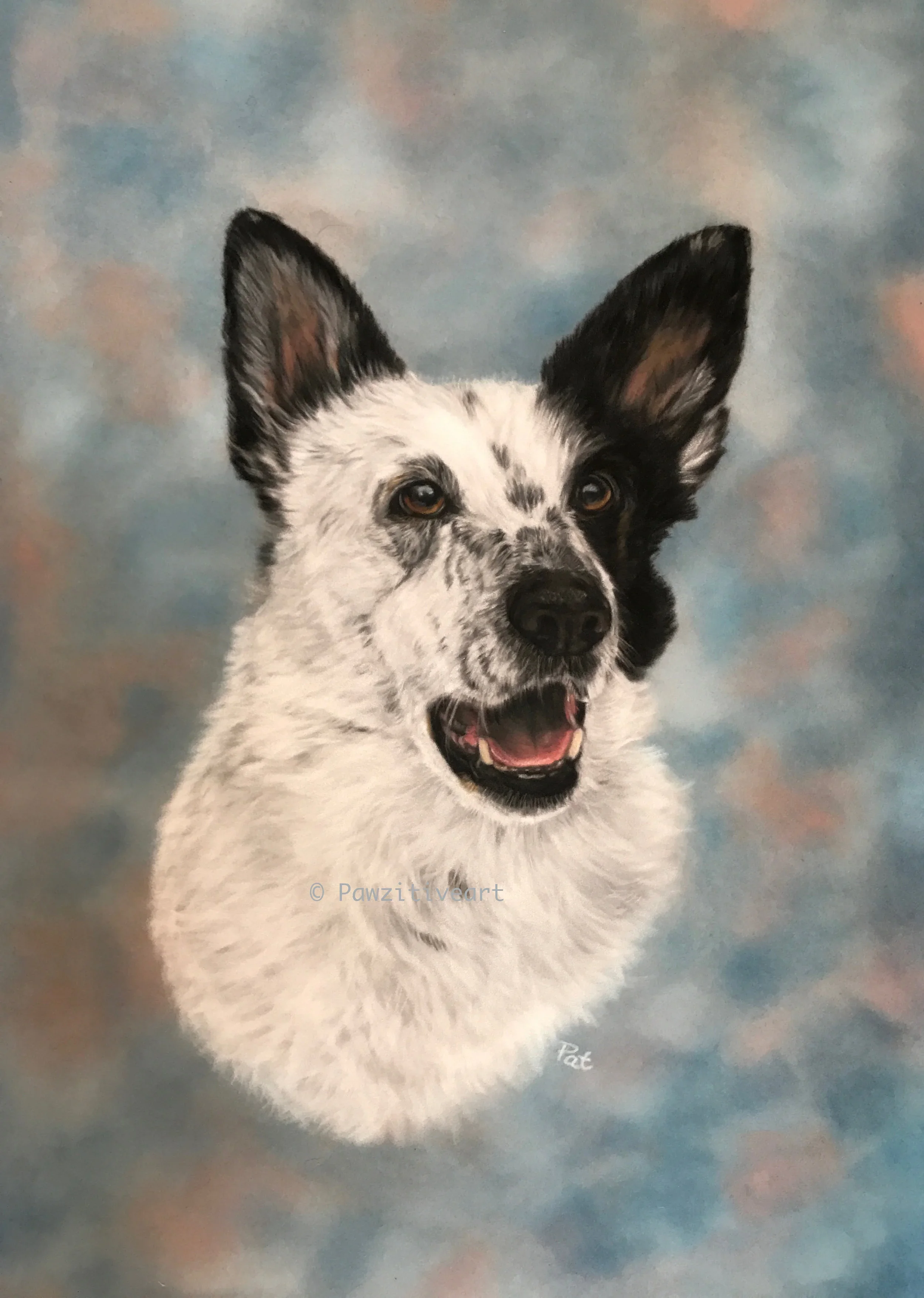 Painting of a mixed breed dog with black and white speckled fur, one ear black and the other white, against a soft pastel background.