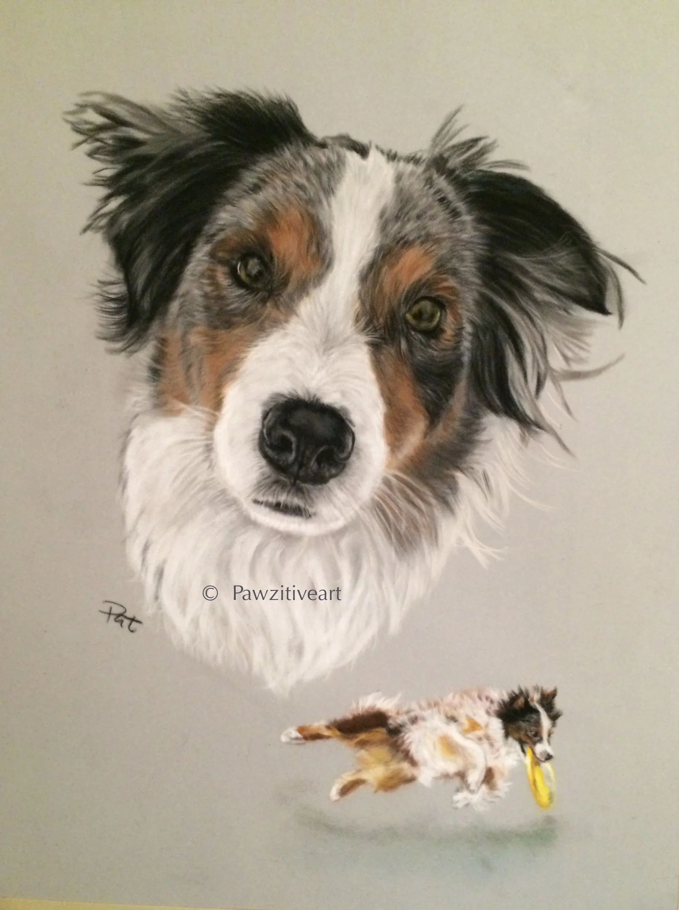 A realistic painting of a dog with a smaller dog running with a yellow frisbee in its mouth below