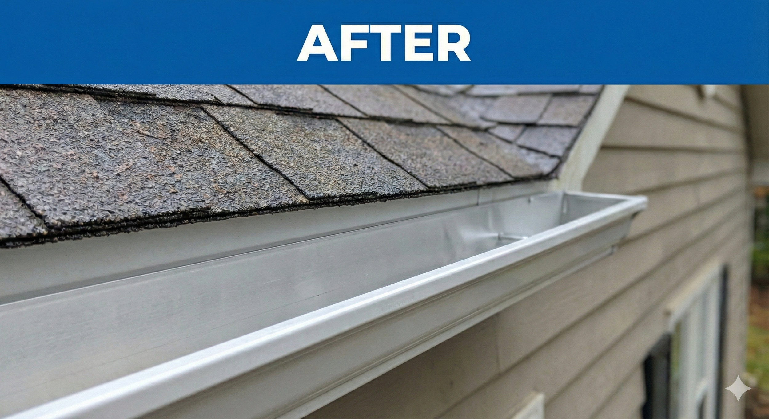 A house exterior showing a new metal gutter installed beneath a shingled roof, with beige siding visible on the side of the house.