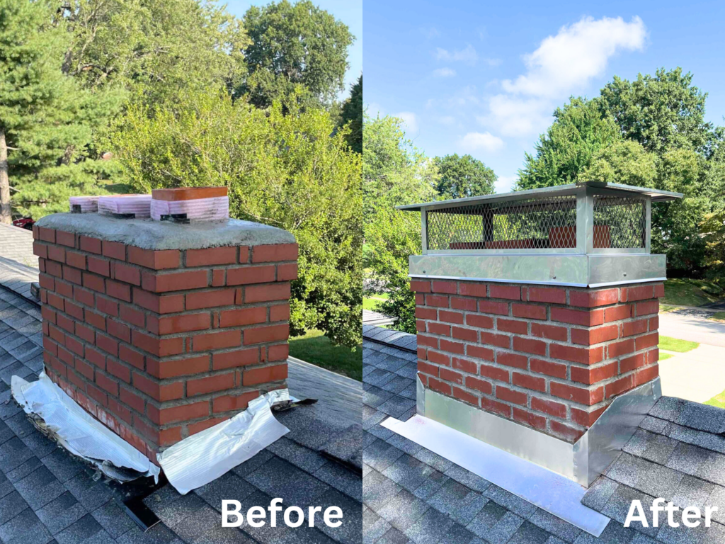 Side-by-side comparison of a brick chimney before and after repair. The left side shows an old chimney with no cap, and the right side shows the same chimney with a metal cap and flashing installed.