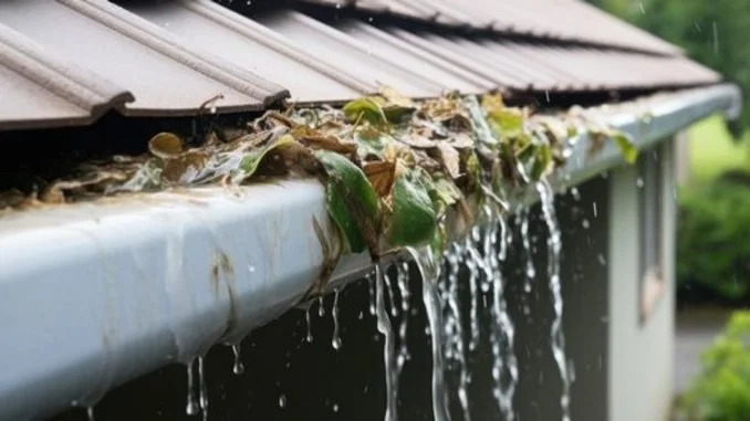 Water leaking from the gutter of a house, with leaves and debris clogging it.