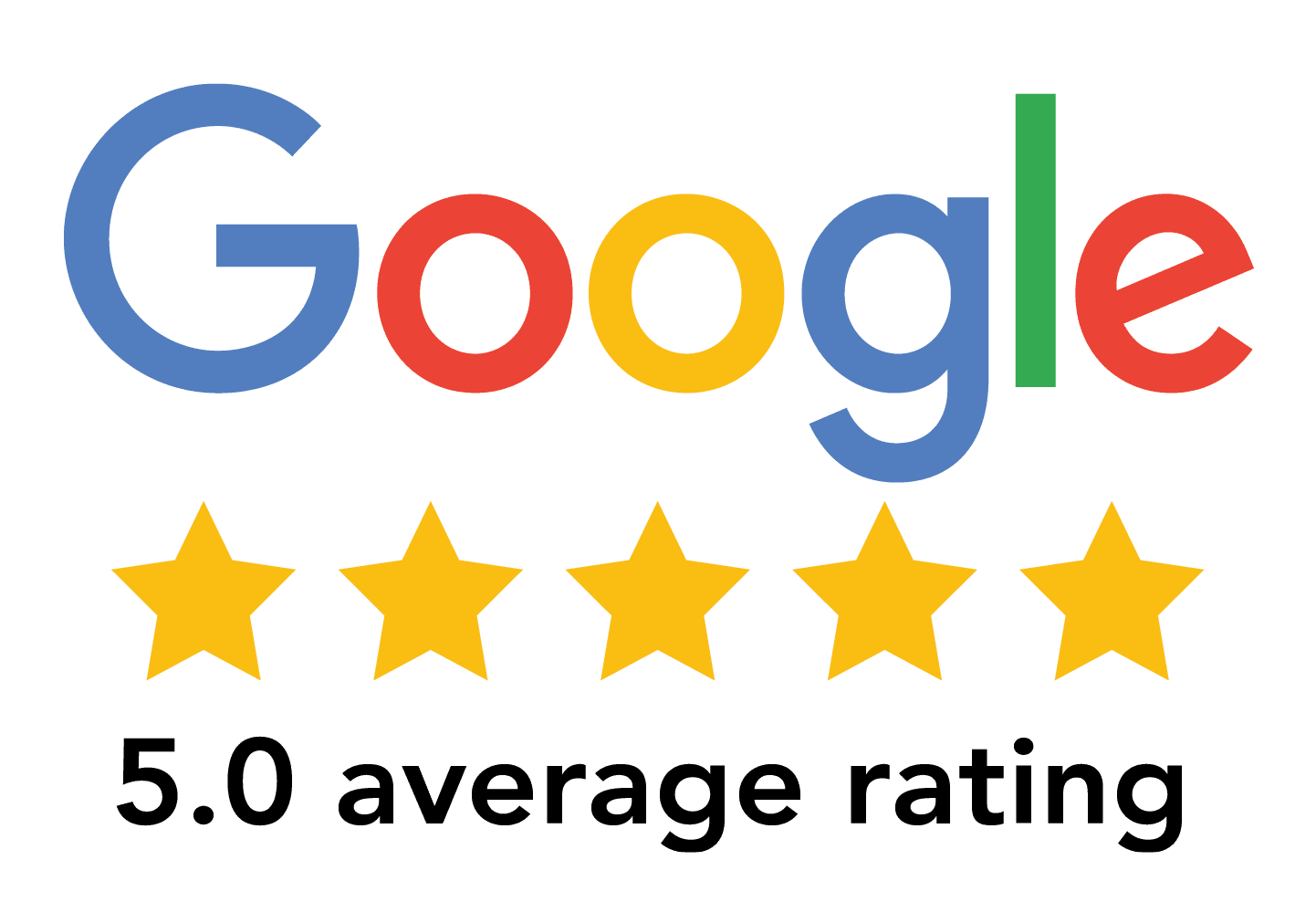 Google logo with five gold stars below and the words 5-star rating