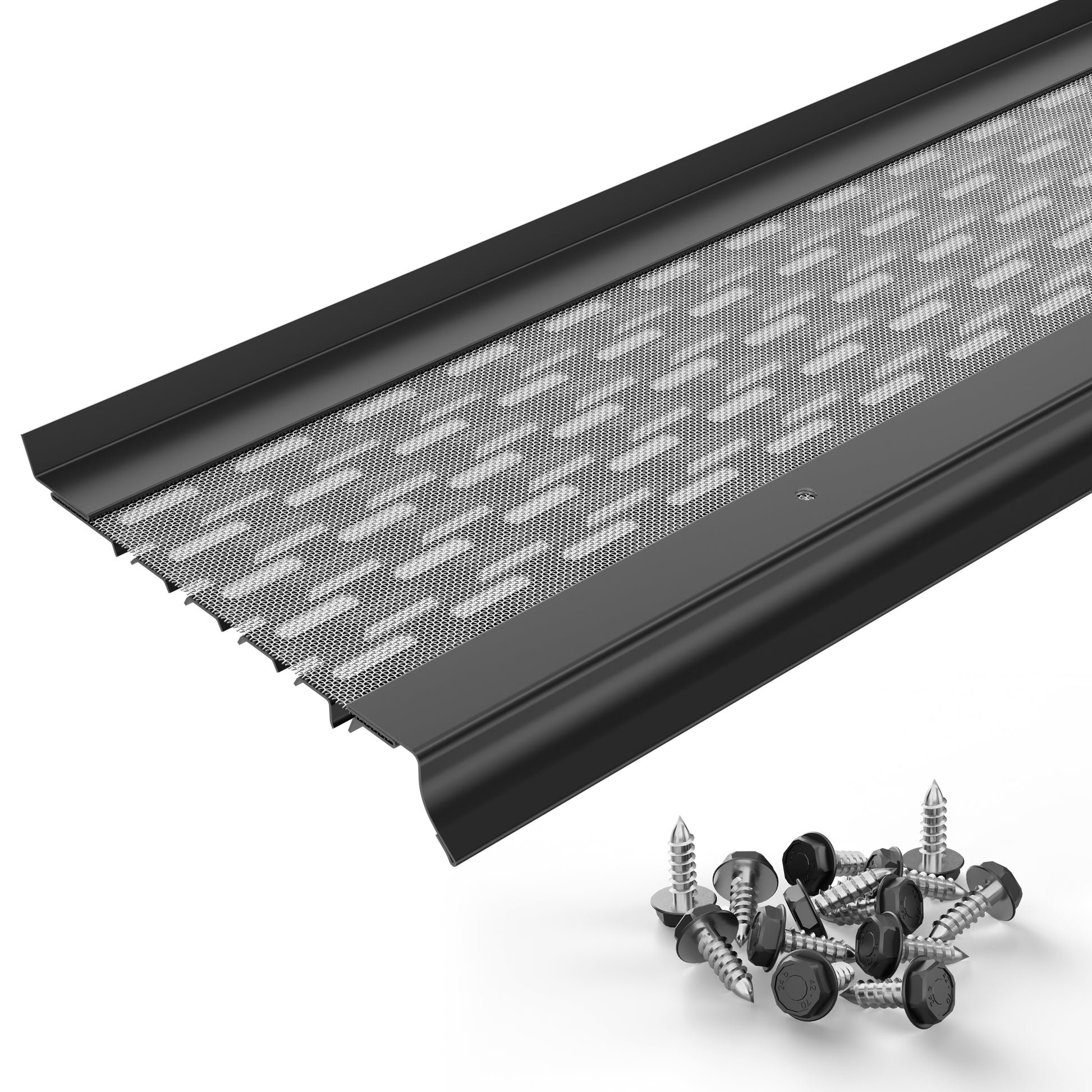 A black metal ventilation grille with a honeycomb pattern and black and silver screws on a white background.