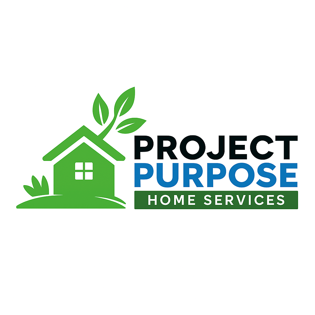 Logo for Project Purpose Home Services featuring a green house with a tree and leaves, and text in black, blue, and green reading "Project Purpose Home Services."