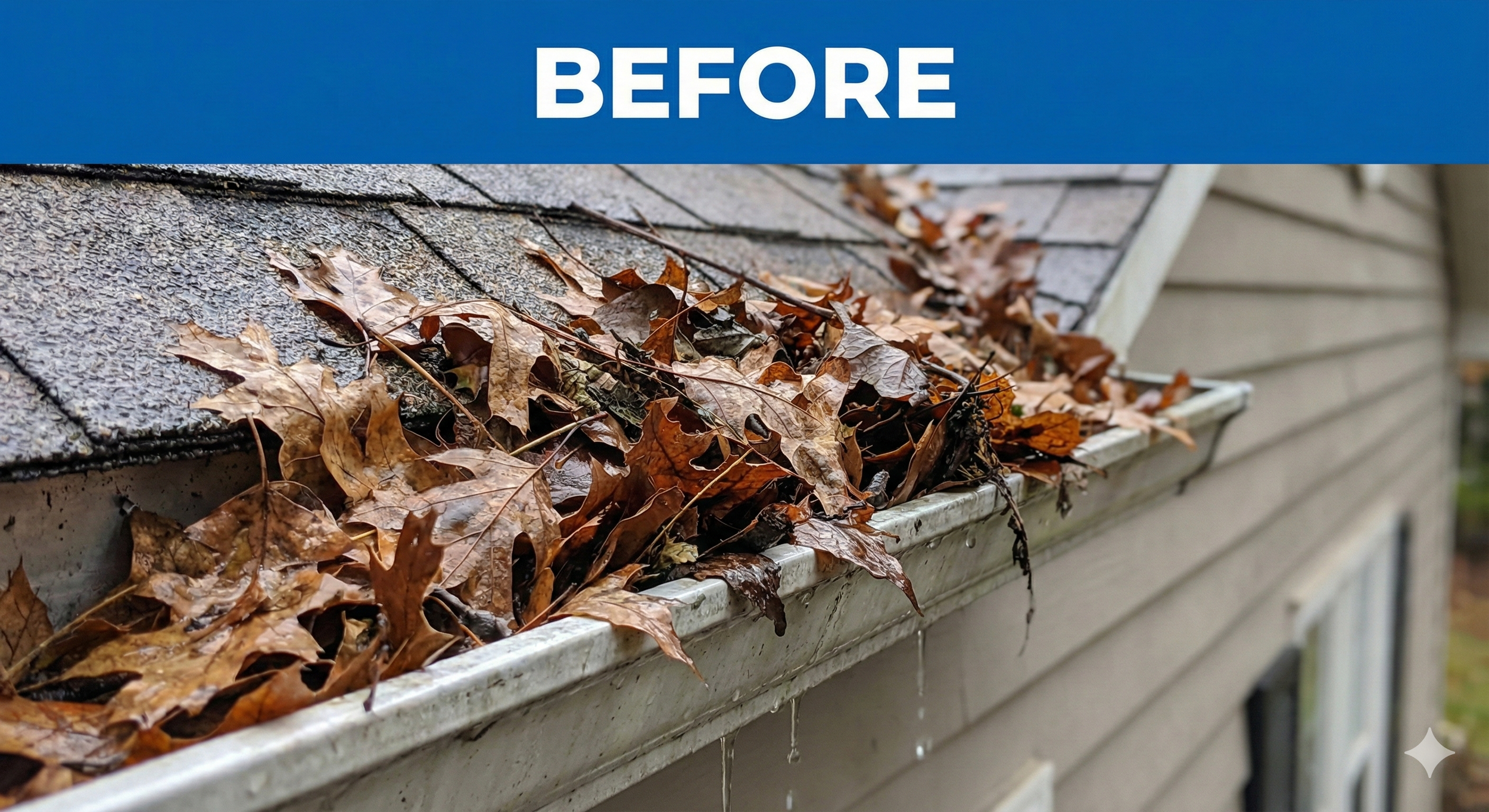 A close-up of a gutter filled with brown, fallen autumn leaves on a house's roof during rainy weather